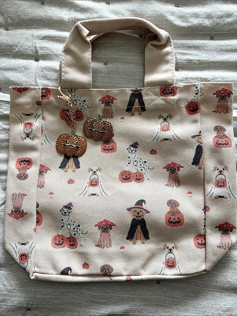 Halloween Pumpkin Dog Print Tote With Bag Charm & Brooch
